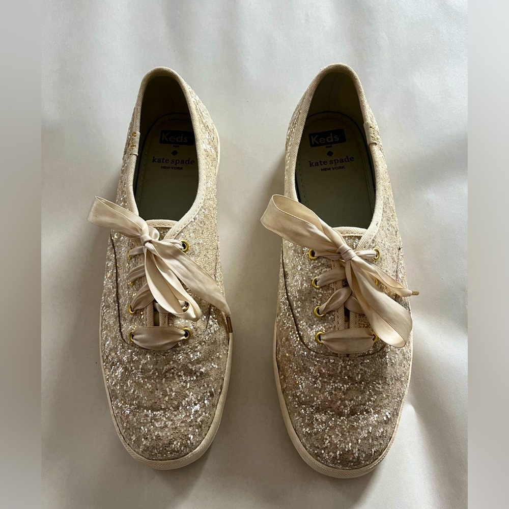 Kate Spade Keds Blinged Out Cream Glitter Canvas Sneakers Fun Ribbon Lac…